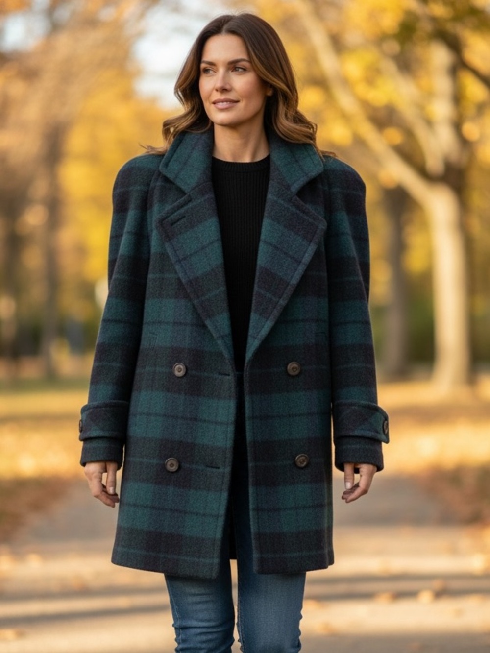 ALORNA 80s WOOL BLACKWATCH PLAID HERITAGE PRINT DOUBLE BREASTED PEA COAT SZ 8